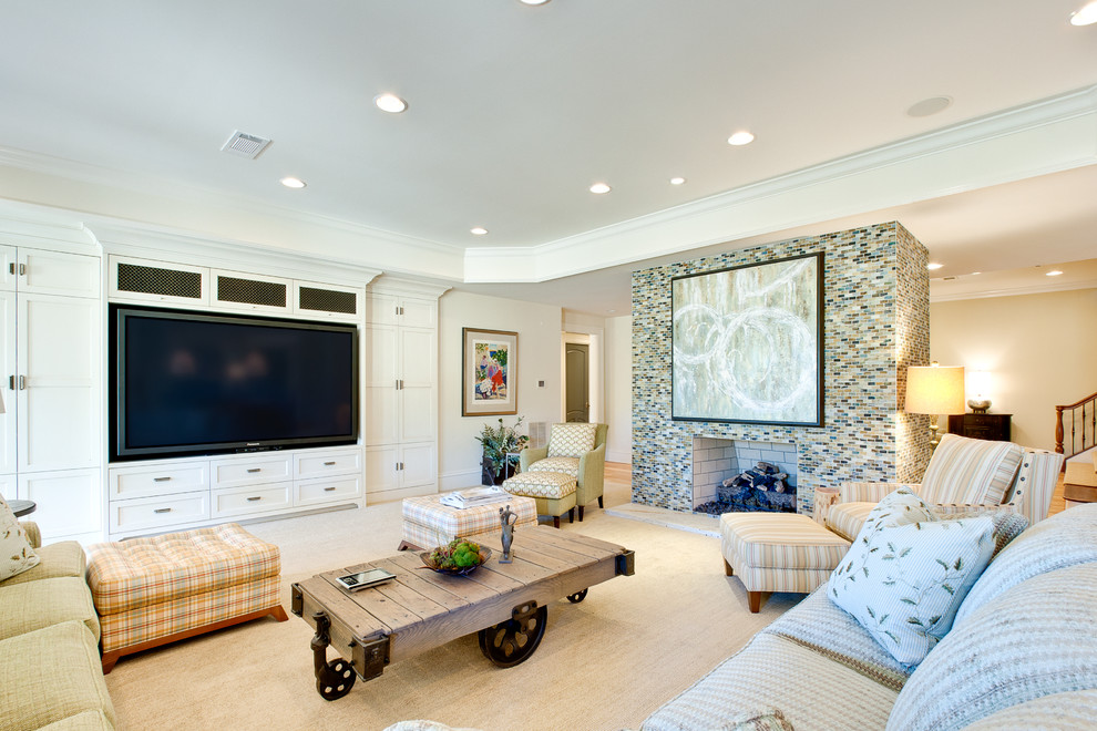 Photo of an expansive transitional walk-out basement in Atlanta with multi-coloured walls, light hardwood floors, a standard fireplace and a tile fireplace surround.