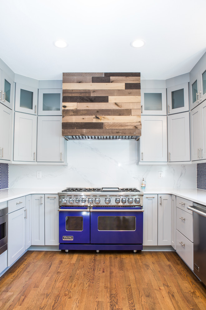 Example of a huge transitional u-shaped eat-in kitchen design in Denver with shaker cabinets, gray cabinets, quartz countertops, blue backsplash, no island and white countertops