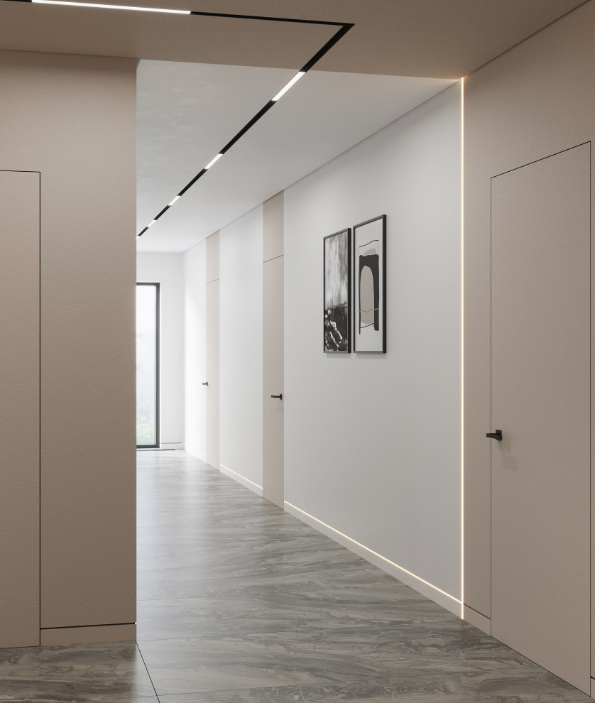 Идея дизайна: коридор среднего размера в современном стиле с разноцветными стенами, полом из керамогранита и серым полом