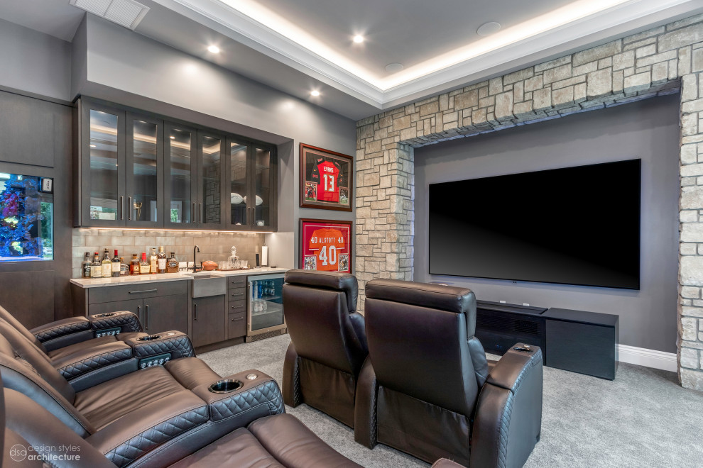 Home theater - mid-sized french country enclosed carpeted and gray floor home theater idea in Tampa with gray walls and a wall-mounted tv