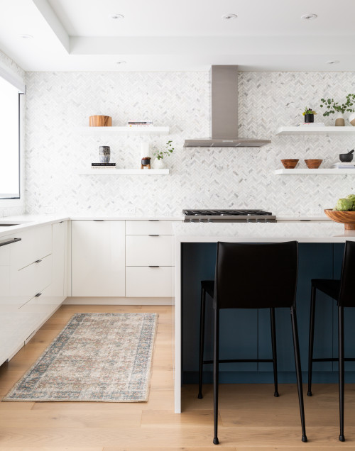 Achieving Elegance: White Kitchen Floating Shelves Ideas and a Dark Blue Island