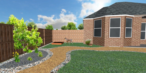 Photo by All Seasons Landscape Design - rendering of a dog-friendly backyard. 