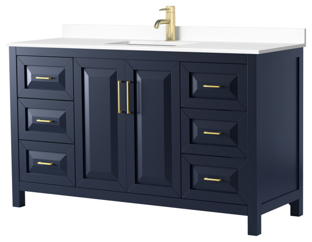 Daria 60, Single Vanity, Dark Blue, White Marble Top, Square Sink, No ...