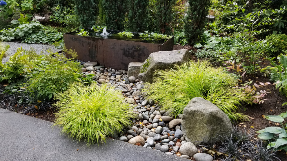 Schattiger Moderner Garten im Frühling mit Wasserspiel und Metallzaun in Seattle