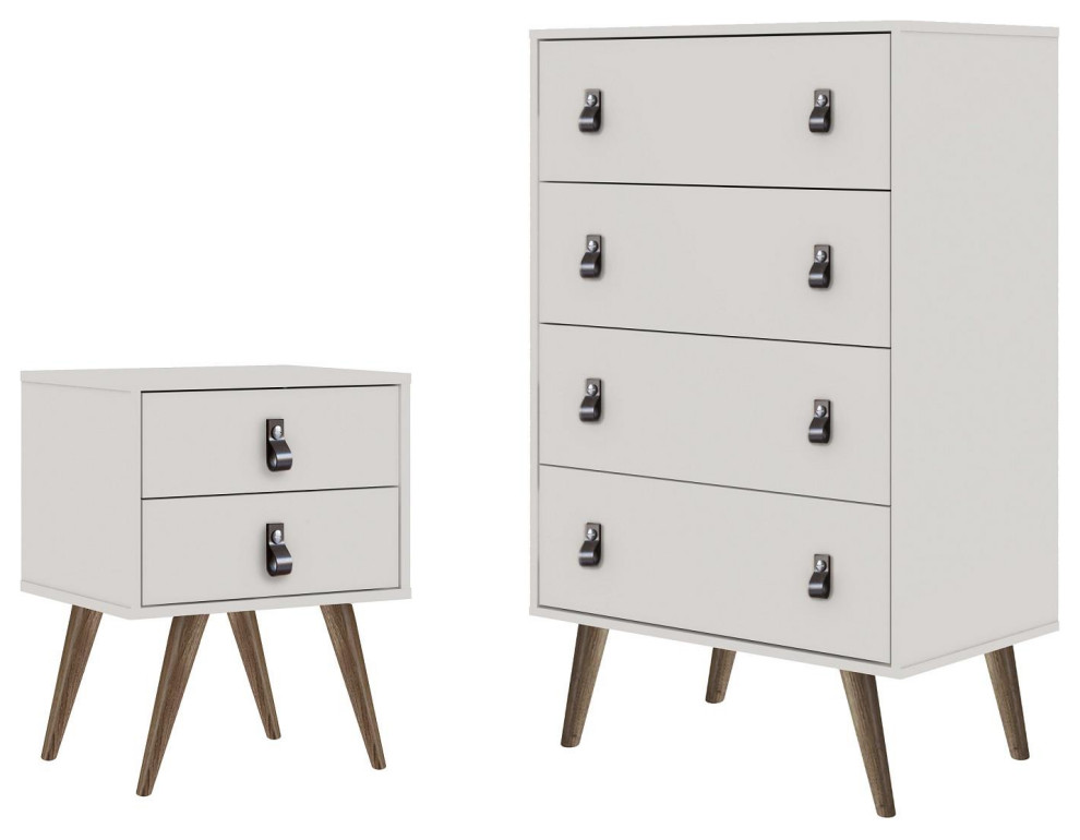 Amber Tall Dresser and Nightstand, 2Piece Set, White Midcentury