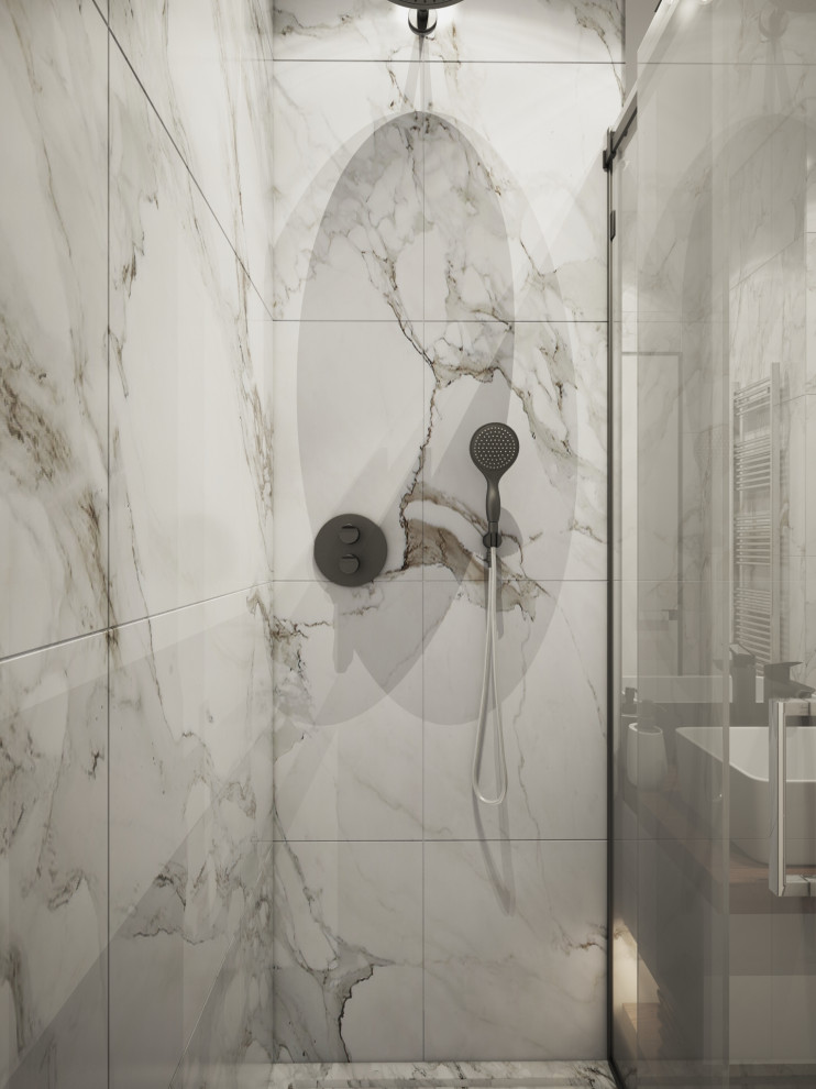 Inspiration for a small modern master bathroom in San Francisco with glass-front cabinets, a corner shower, a wall-mount toilet, marble, grey walls, painted wood floors, a sliding shower screen, a single vanity, coffered and panelled walls.