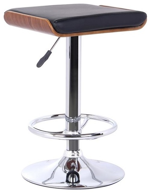 Java Barstool, Chrome Finish With Walnut Wood and Black Faux Leather