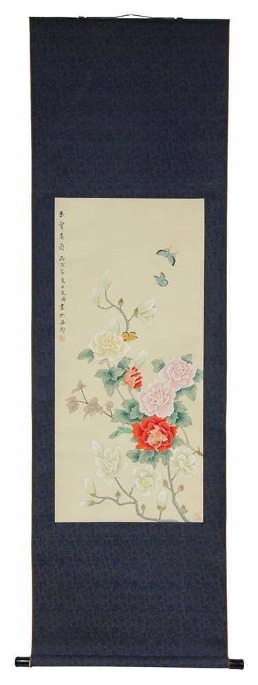 Hand-Painted Blossom & Butterflies Silk Scroll