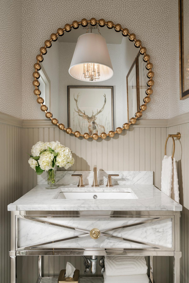 Design ideas for a small traditional powder room in Other with white cabinets, engineered quartz benchtops, white benchtops, a freestanding vanity and wallpaper.