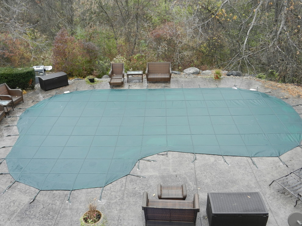 Inspiration for a mid-sized transitional backyard custom-shaped pool in Detroit with concrete pavers.