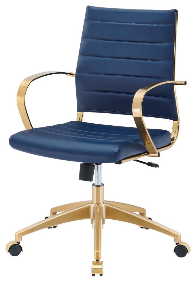 Computer Work Desk Chair, Navy Gold, Faux Vinyl Leather, Home Office