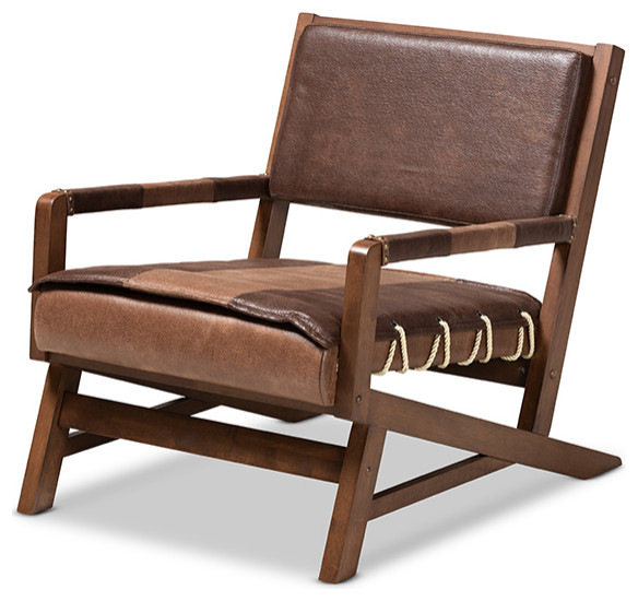 Rovelyn Rustic Brown Faux Leather Upholstered Walnuted Wood Lounge Chair Southwestern