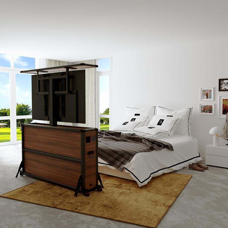 Rear View of Aluminum & Wood TV Lift Cabinet in Bedroom