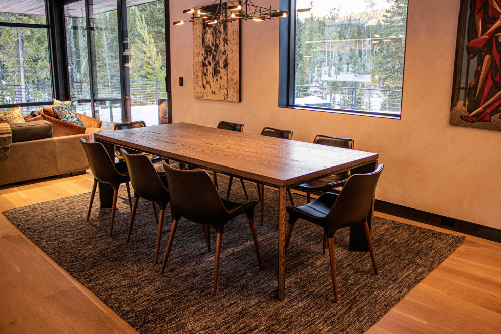 Foto di una sala da pranzo aperta verso la cucina minimal di medie dimensioni con pareti bianche, parquet chiaro, stufa a legna e cornice del camino in metallo