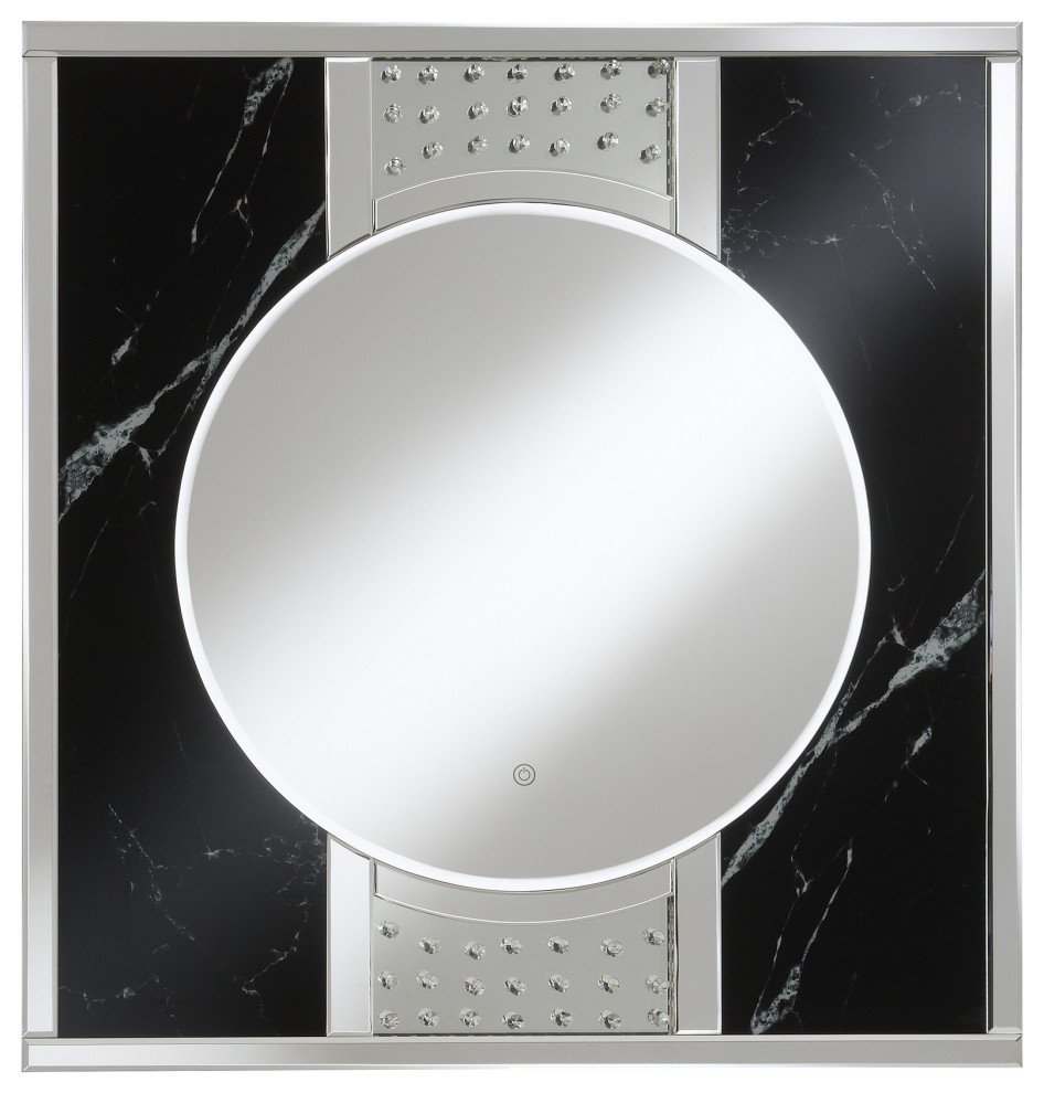 Benzara BM242731 Wall Mirror With Marble Insert and LED Light, Black