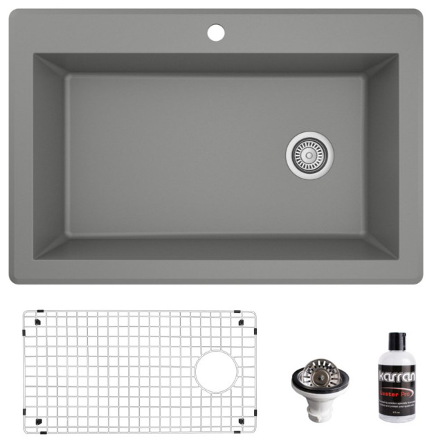 Karran Drop-In Quartz 33" 1-Hole Single Bowl Kitchen Sink Kit, Grey