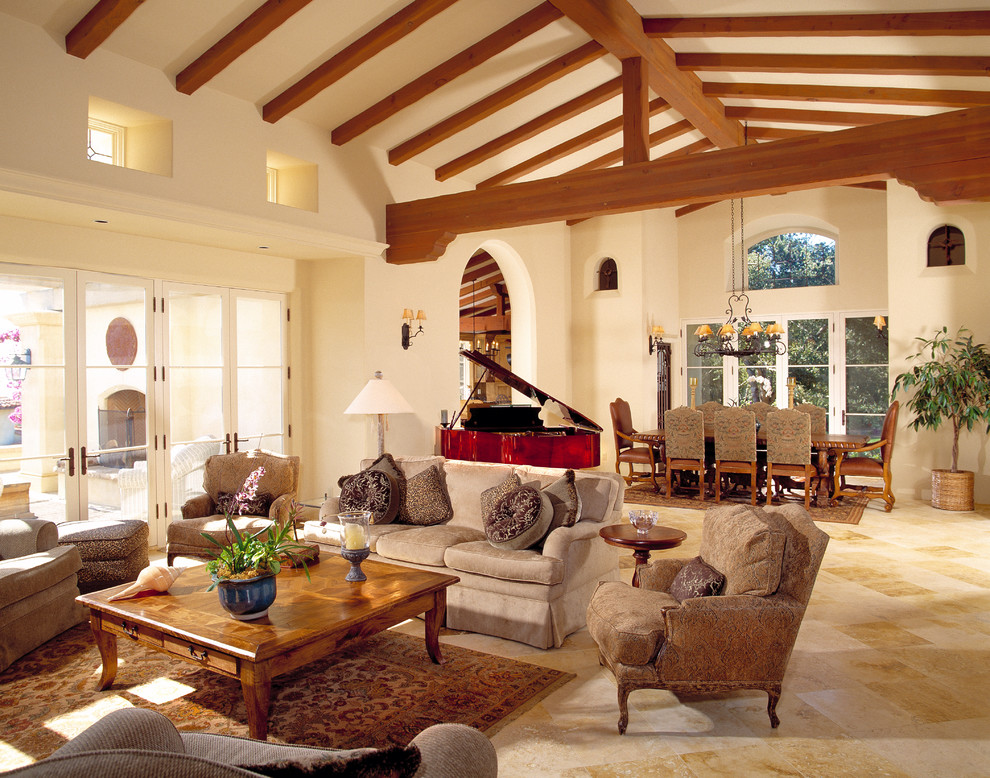 Photo of an expansive mediterranean living room in Santa Barbara with a music area and beige walls.