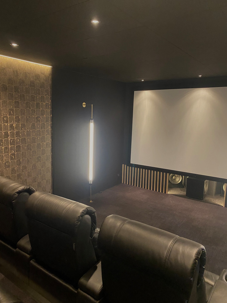 Cette photo montre une grande salle de cinéma nature fermée avec un mur noir, moquette et un sol noir.