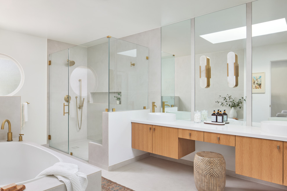 Large 1950s master gray tile and porcelain tile light wood floor, beige floor and double-sink bathroom photo in Los Angeles with flat-panel cabinets, white walls, a vessel sink, quartz countertops, a hinged shower door, white countertops, a floating vanity and medium tone wood cabinets