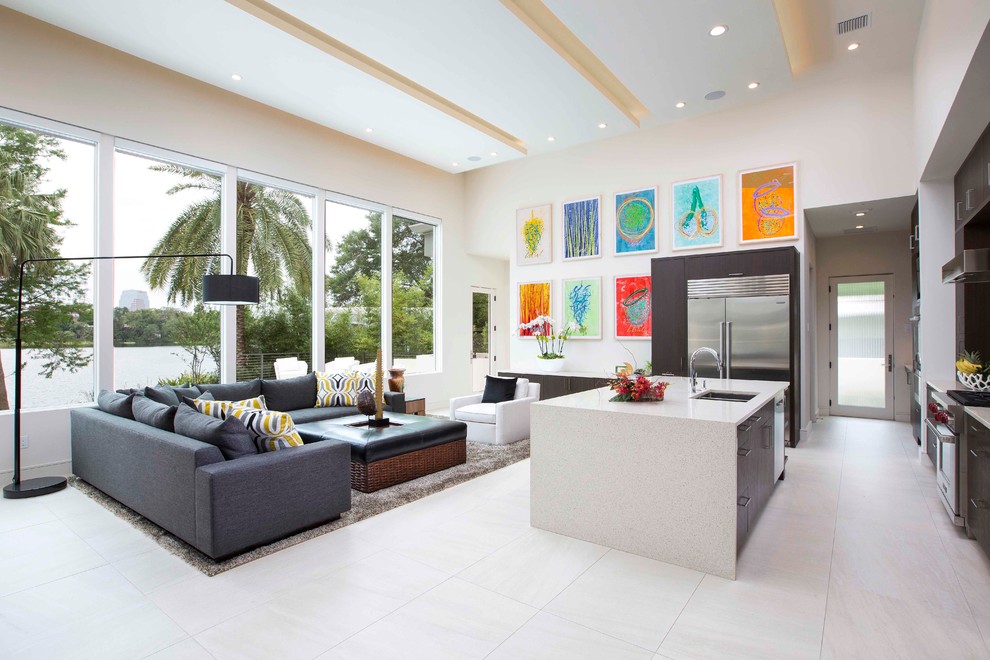 Inspiration for a modern family room in Orlando with porcelain floors.