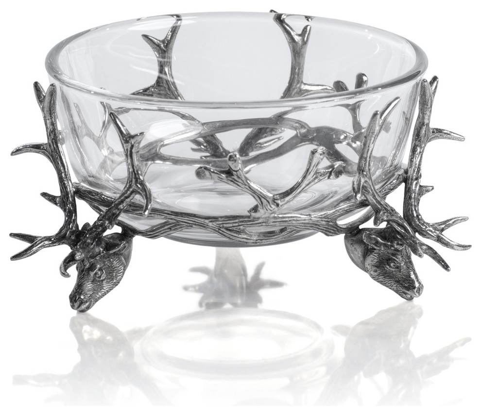 Alberg Stag Head Pewter and Glass Bowl Rustic Decorative Bowls by
