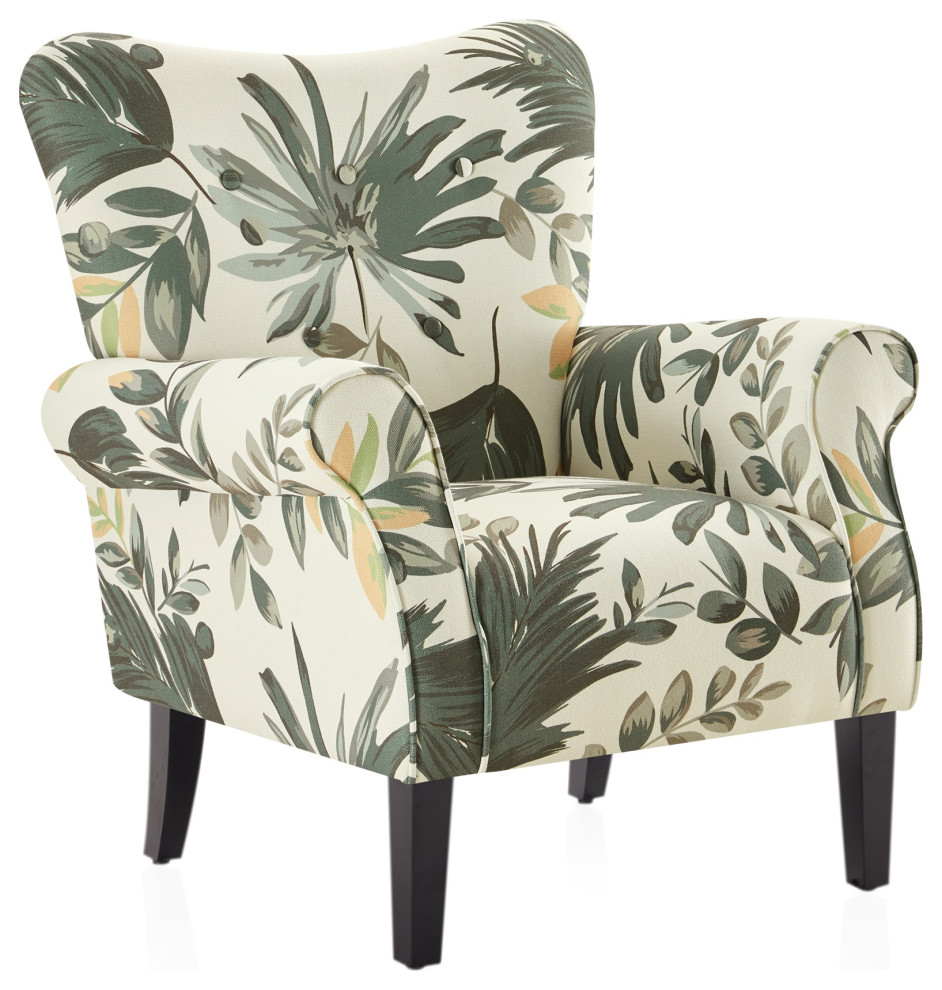 High Wingback Linen Armchair, Green Floral