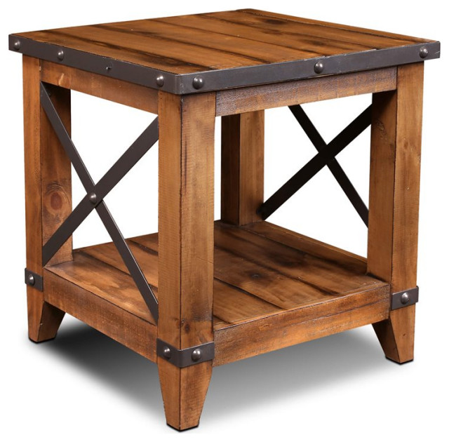 Sunset Trading Rustic City Contemporary Wood End Table with Shelf in Oak