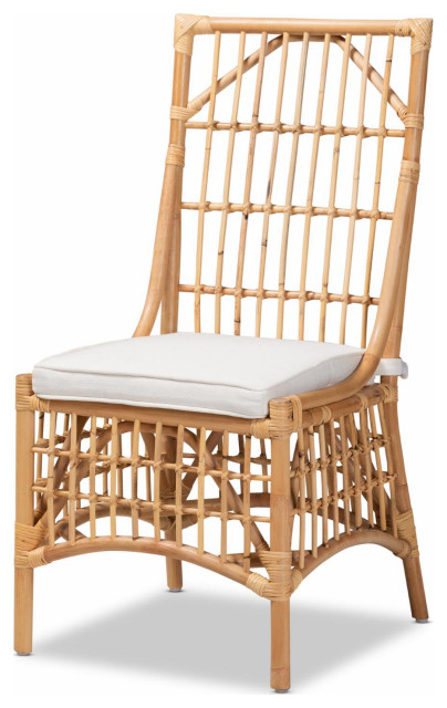 Dining Chair, Natural Rattan Frame With Bamboo Like Details & Cushioned Seat