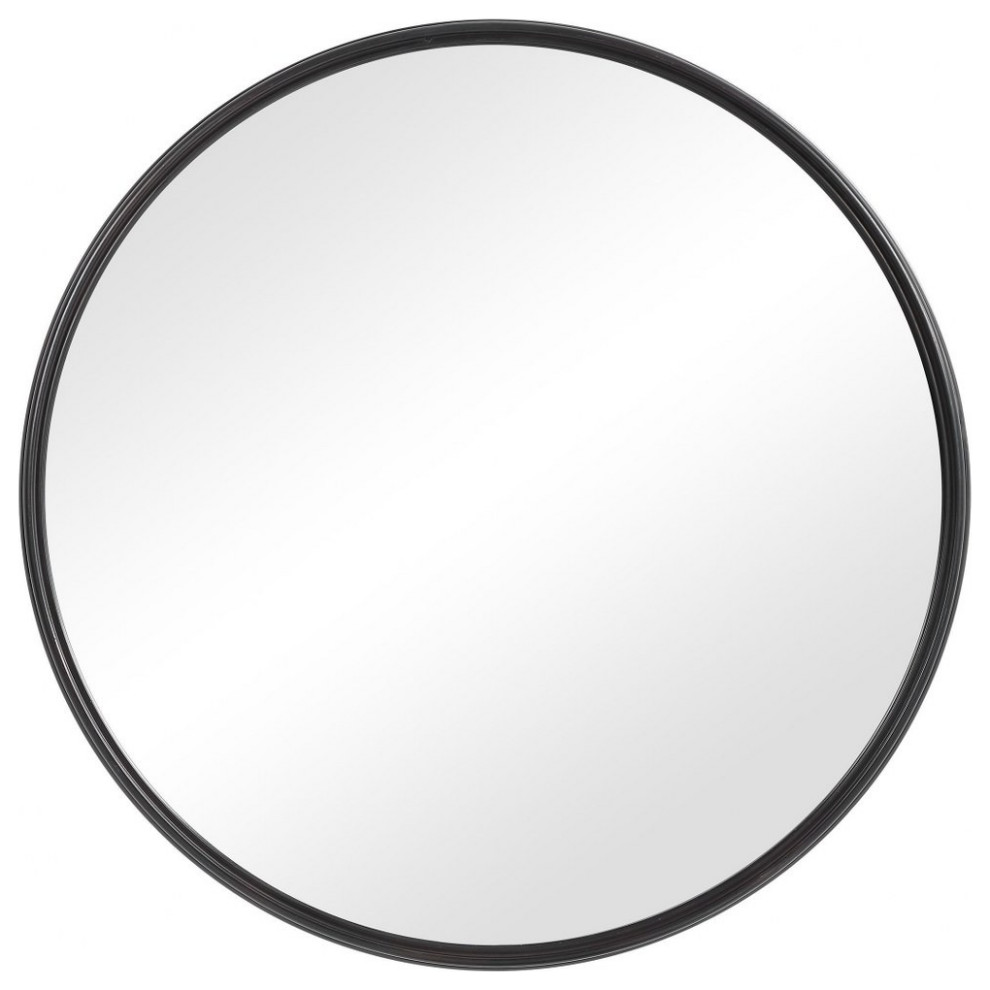 Modern Round Wall Mirror in Aged Black Finish Iron Frame and Raised