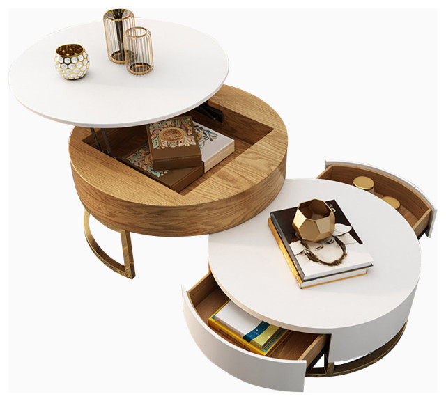 Round Wood Coffee Table With Lift Top, Circle White Coffee Table With Storage