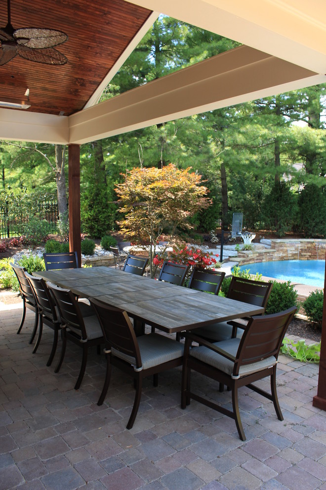 This is an example of a mid-sized transitional backyard patio in Cincinnati with a water feature and brick pavers.