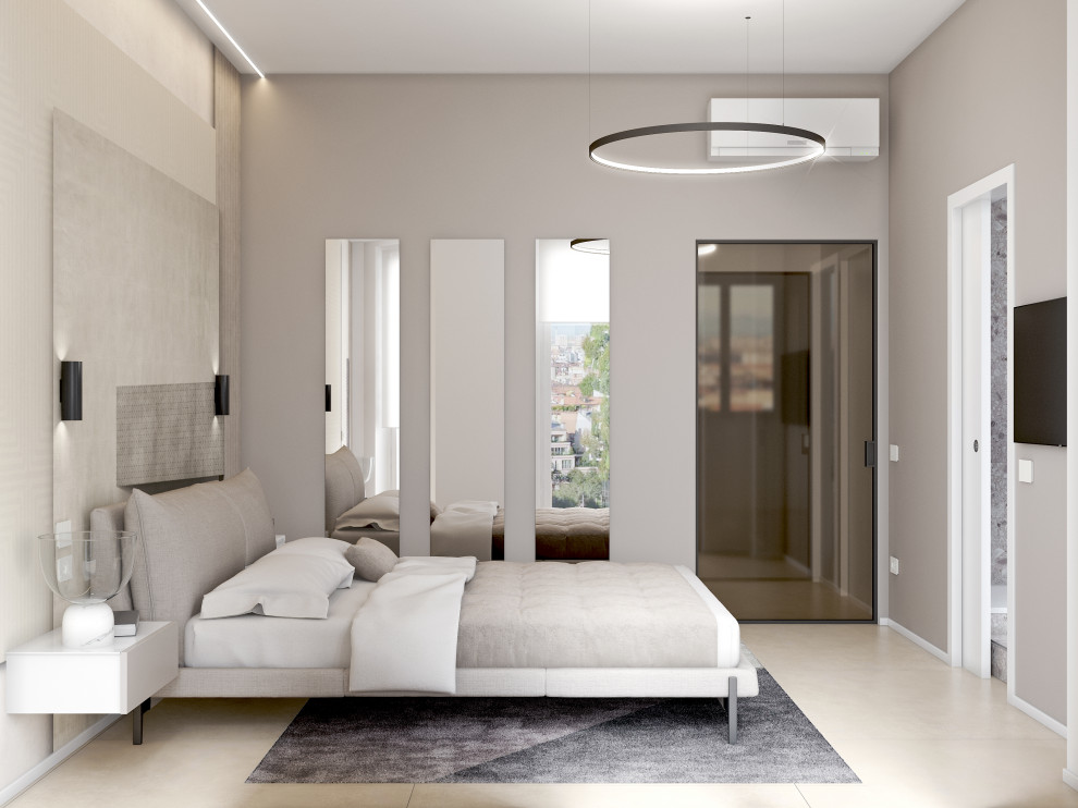 Kleines Modernes Hauptschlafzimmer ohne Kamin mit grauer Wandfarbe, Porzellan-Bodenfliesen, beigem Boden und Tapetenwänden in Mailand