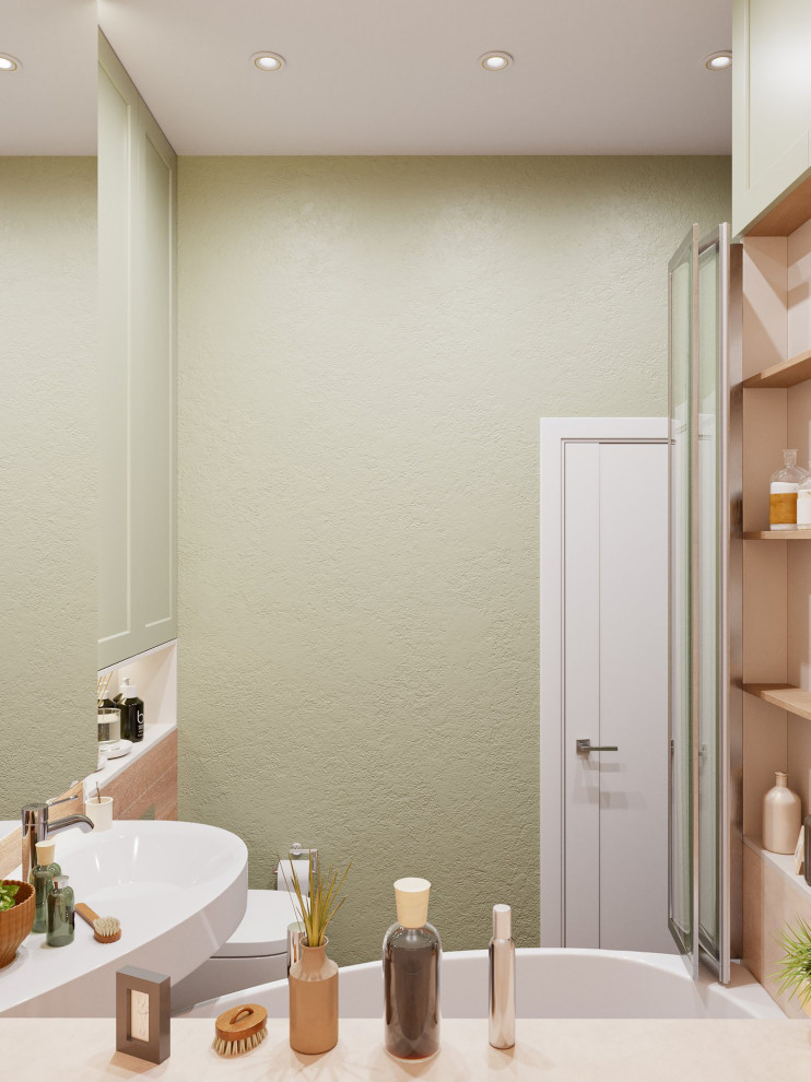 Свежая идея для дизайна: маленькая ванная комната в скандинавском стиле с угловой ванной для на участке и в саду - отличное фото интерьера