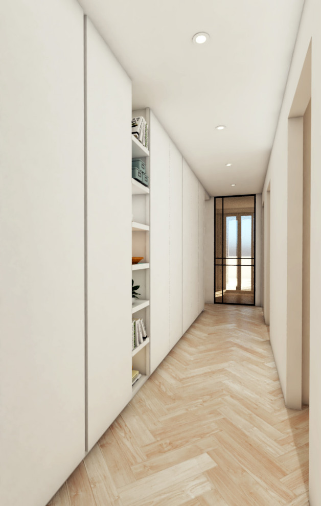 Источник вдохновения для домашнего уюта: коридор в современном стиле с белыми стенами и светлым паркетным полом