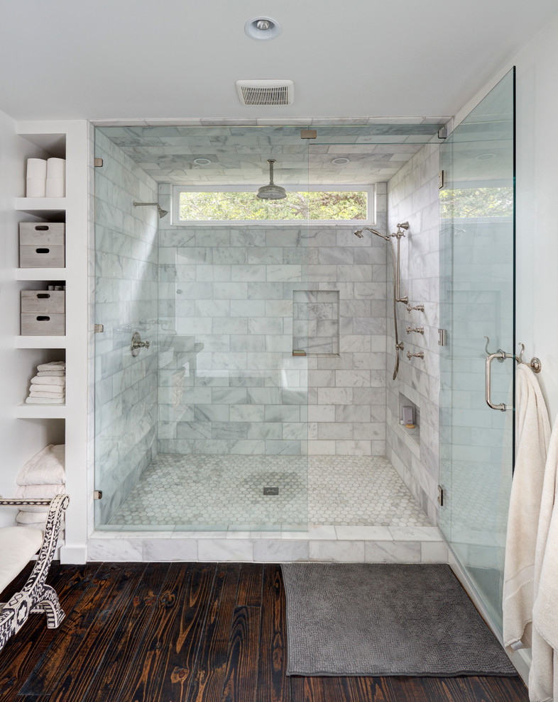 This is an example of a large contemporary master bathroom in Austin with open cabinets, white cabinets, an alcove shower, white tile, white walls, dark hardwood floors and stone tile.