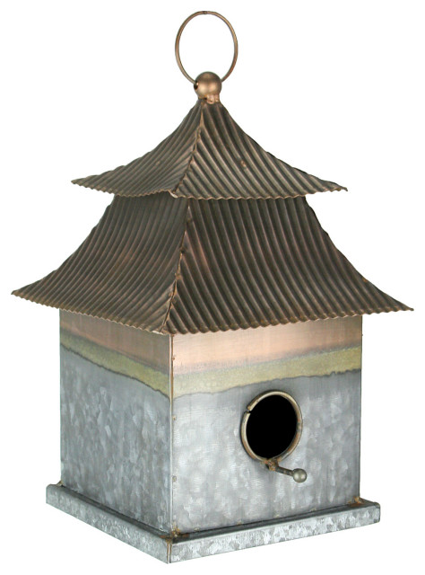 Things2Die4 Weathered White Silo Design Hanging Metal Birdhouse with Blue Trim 