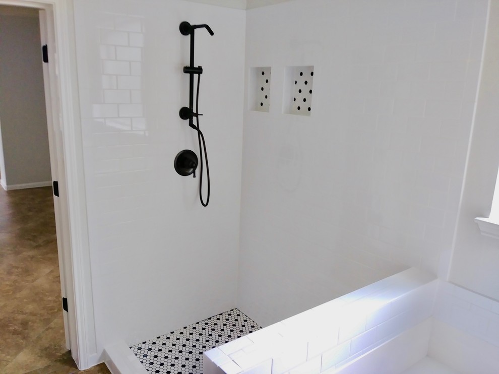 Design ideas for a mid-sized contemporary master bathroom in Houston with a freestanding tub, a corner shower, white tile, subway tile, white walls and an open shower.