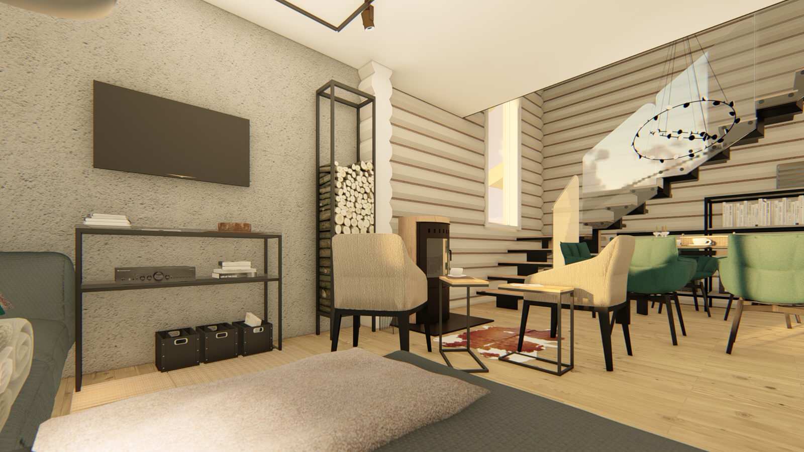 Интерьер двухэтажного коттеджа из оцилиндрованного бревна