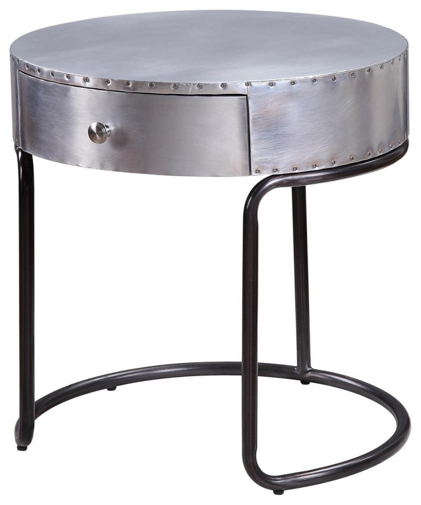 Industrial Aluminum End Table With Round Top Open Metal Frame And Drawer Contemporary Side