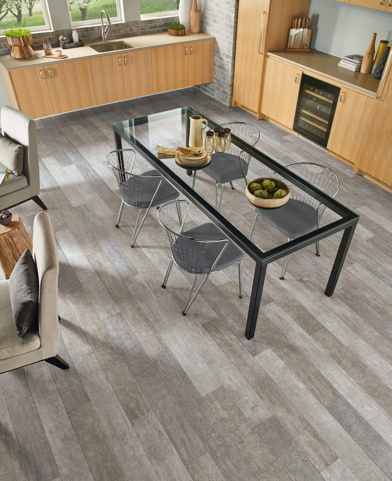 Inspiration for a mid-sized transitional vinyl floor and brown floor kitchen/dining room combo remodel in Vancouver with white walls and no fireplace