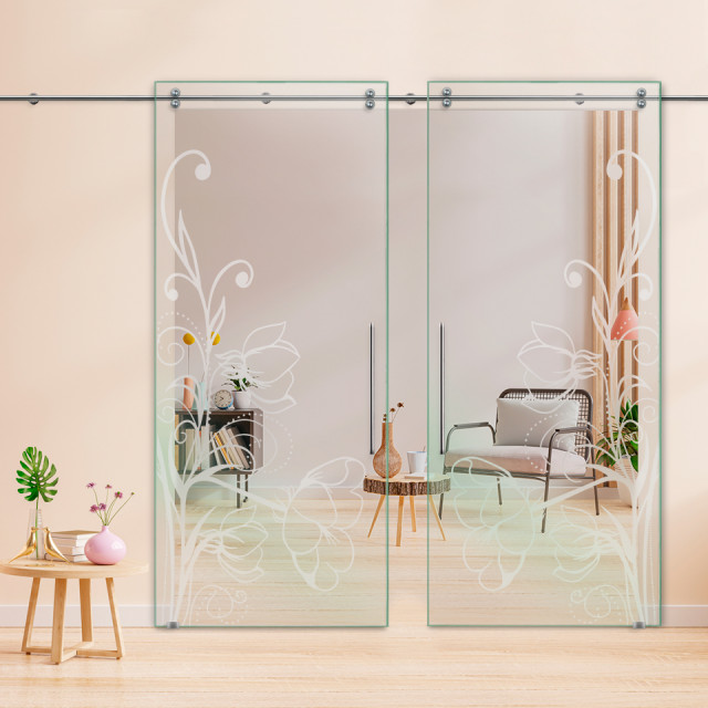 Double Sliding Glass Barn Door With Design V2000, 2x 48"x81 ...