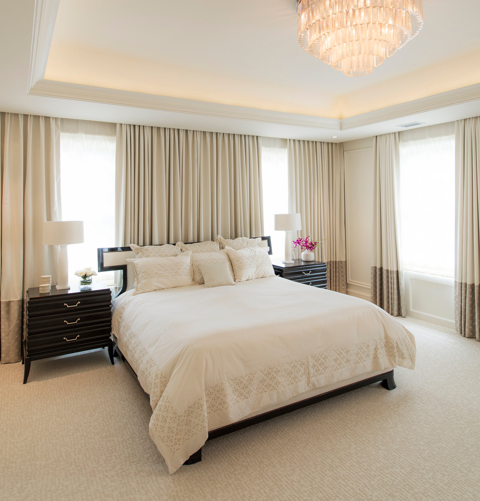 Inspiration for a large transitional master tray ceiling, carpeted, beige floor and wainscoting bedroom remodel in DC Metro with beige walls