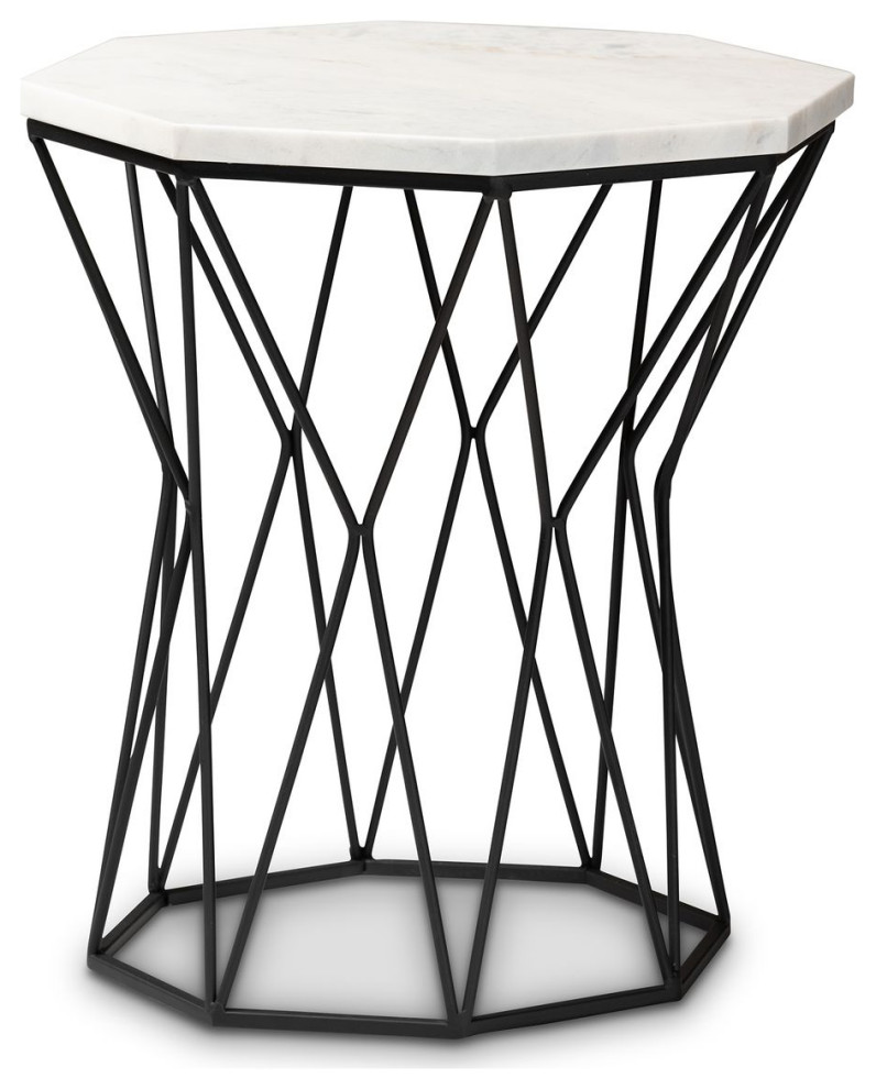 Baxton Venedict Black Metal End Table with Marble Tabletop