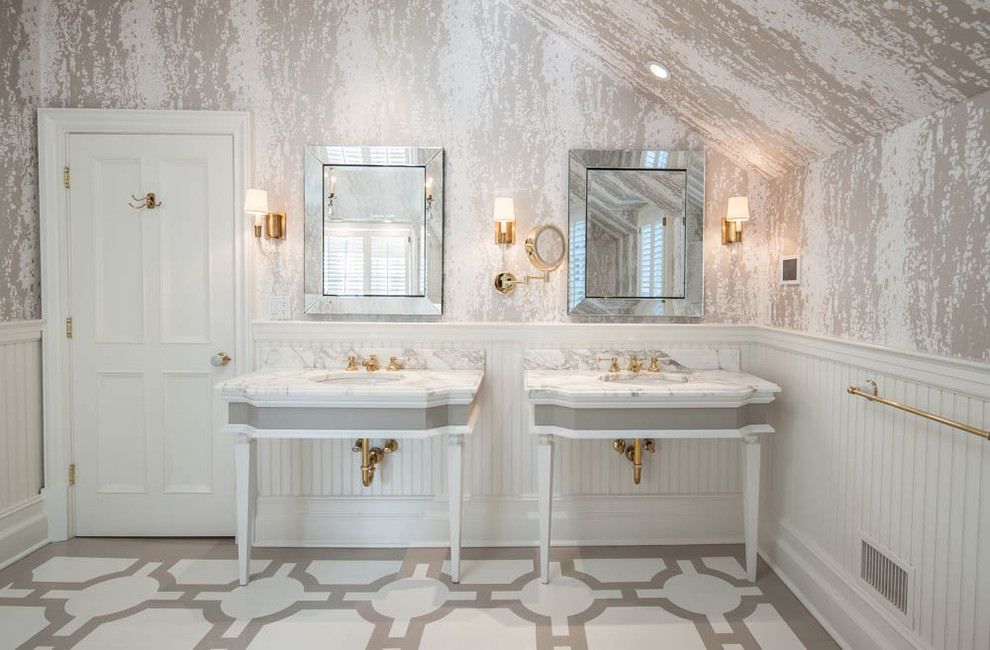 This is an example of a large transitional master bathroom in New York with furniture-like cabinets, grey cabinets, a corner shower, subway tile, grey walls, painted wood floors, a console sink, engineered quartz benchtops, grey floor and a hinged shower door.