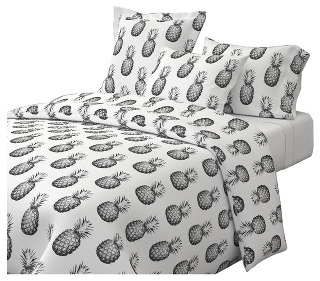 Pineapples Black And White Large White Tropical Cotton Duvet Cover, King Tropical Duvet