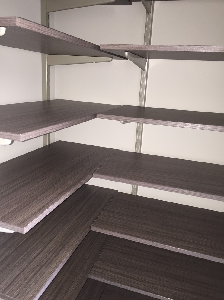 Photo of a mid-sized modern gender-neutral walk-in wardrobe in Miami with open cabinets, dark wood cabinets and carpet.