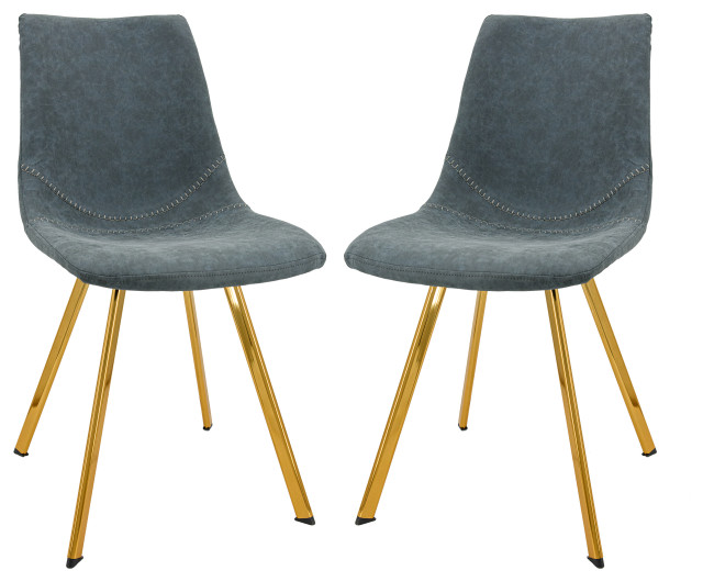 Markley Modern Leather Dining Chair, Gold Legs Set of 2, Peacock Blue