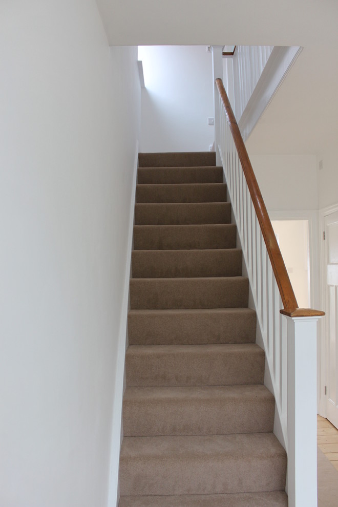 This is an example of a modern carpeted straight staircase in Other with carpet risers.