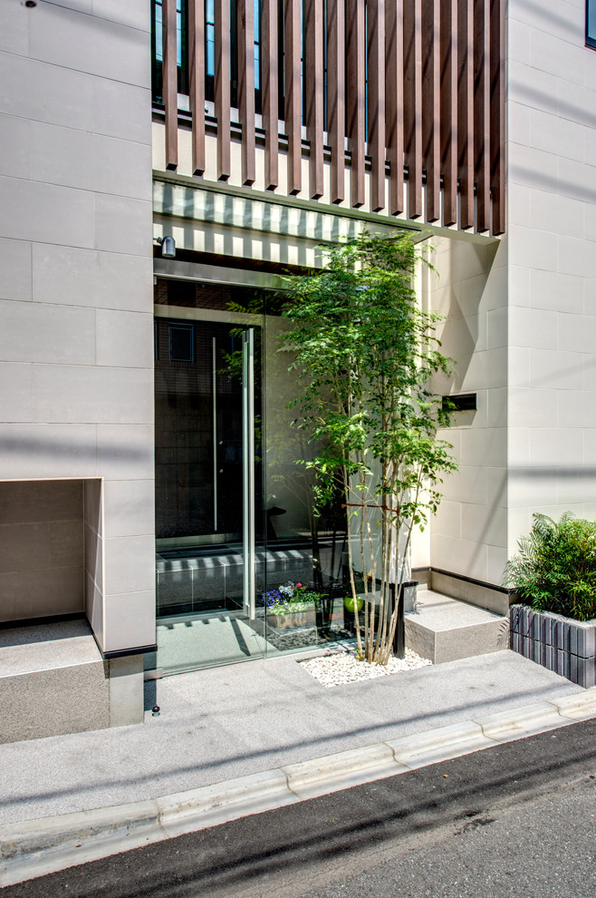 Mid-sized modern vestibule in Tokyo with grey walls and a single front door.