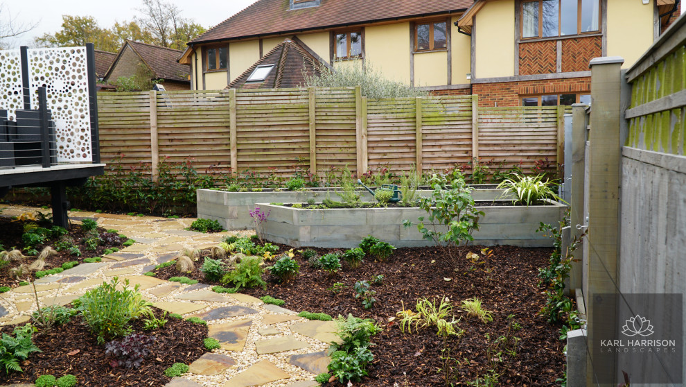 Immagine di un giardino nordico esposto in pieno sole di medie dimensioni e dietro casa in estate con pedane e recinzione in legno